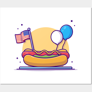 Tasty Hotdog on Plate with USA Independence Day Flag And Balloon Cartoon Vector Icon Illustration Posters and Art